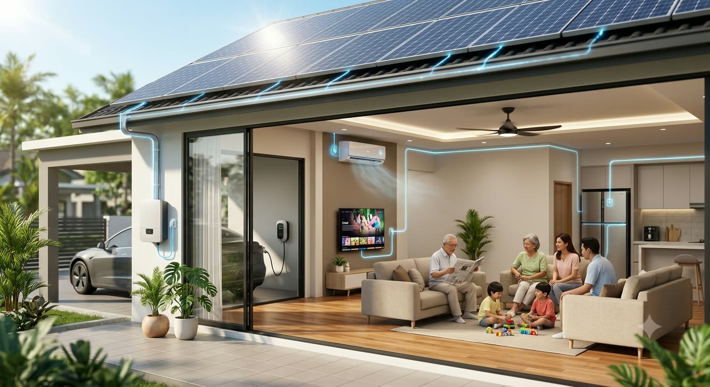 A Malaysian home with rooftop solar: panels feeding glowing energy lines down to an inverter, an EV charging in the carport, and a family in the open living room